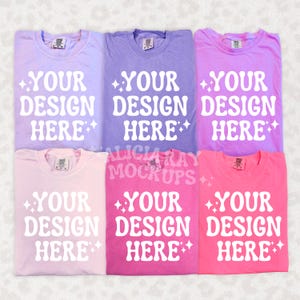 Maqueta grupal de Comfort Colors 1717 / Maqueta de moda / Maqueta grupal de camisa doblada / Maqueta de disposición plana / Maqueta de Comfort Colors en morado y rosa