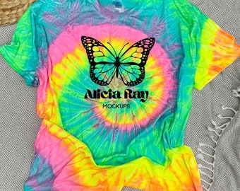 Colortone 1000 Multi Color Tie Dye T-Shirt Neon Rainbow Mockup | Flat Lay Mock Up | Tie Dye Shirt Mock Up | Hippie Boho Aesthetic Mock Up