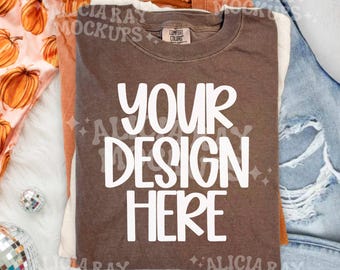 Comfort Colors C1717 Espressomodel | Trendy mock-up | Mockup gestapeld gevouwen shirt | Platliggend mock-up | Mockup herfstpompoen comfortkleuren
