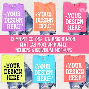 May include: Flat lay mockup bundle of six bright neon colored t-shirts. Each t-shirt is folded and laid flat on a white surface with a pair of blue jeans. The text "Your Design Here" is printed on each t-shirt.