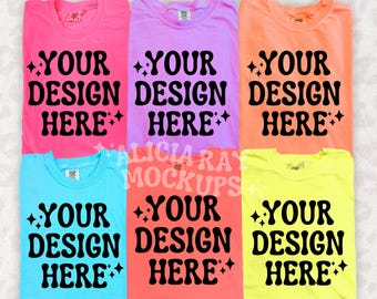 Comfort Colors C1717 Group Mockup | Trendy Mockup | Group Folded Shirt Mockup | Flat Lay Mockup | Bright Neon Comfort Colors Mockup