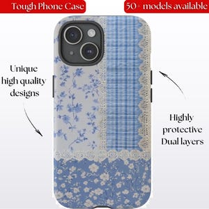 Vintage Lacey Quilt Gingham fabric Lace Doily Pastel Blue Coquette Tough Phone case iPhone 16 15 14 13 Galaxy s24 s23 s22 s21 Pixel 8 7 6
