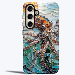 May include: A phone case featuring a stained glass design of an octopus in shades of blue, green, brown, and orange.