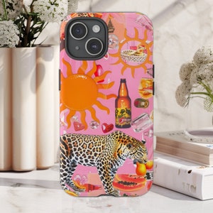 Coque de portable résistante PEACH PINK TIGER Collage Art Tough, patchwork tendance pour femme, iPhone 16,15,14 Pro Max Pixel 9, 8, Galaxy s25 Ultra rose