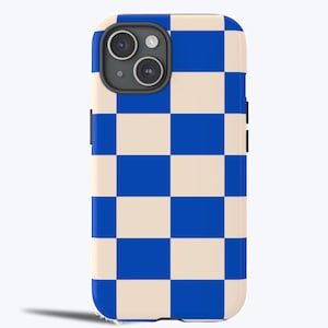 May include: A phone case for an iPhone with a blue and cream chequered pattern.