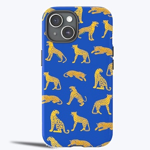 LEOPARDS NAVY BLUE Elegant Savanna Tough Phone Case | Cheetah Pattern Minimal Design | Unique Animal Art iPhone Case 16,15,14,13,12,11|Pro P