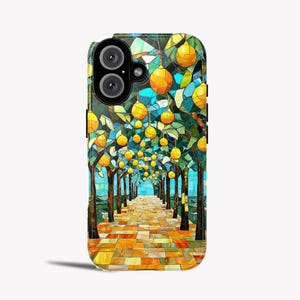 Lemon Mosaic Glass Phone Case, Mediterranean Citrus Pattern, Orange Grove Stained Glass Design, iPhone 15 Pro Max MagSafe, Galaxy S25 Case