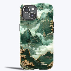 Funda resistente para teléfono con paisaje tallado en jade asiático - Arte paisajístico con tinta china para iPhone 16, 15, 14, 13, 12, 11/Pro Plus