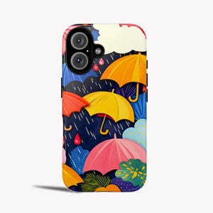 May include: A phone case with a vibrant design depicting a rainy scene. It showcases yellow, orange, and pink umbrellas, white clouds, and raindrops on a dark blue backdrop. The case has a glossy finish.