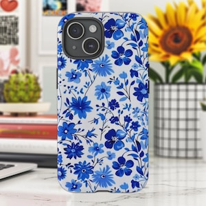 Blau Floral Liberty Print Robuste Handyhülle, Tintenfarbe Gänseblümchen Blumen iPhone 16,15,14,13,12 Galaxy s24 s23 s22 s21 Ultra Pixel 8 Pro,8,7,6,5