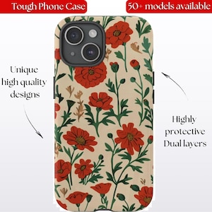 Red Vintage Style Poppy Flowers on a cream background, Princetown, Tough Phone case iPhone 15 14 13 Samsung Galaxy s24 Google Pixel 8 7