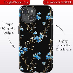 Navy Blue Blooming Forget me not watercolor, Tough Phone case iPhone 16 15 14 13 12, Samsung Galaxy s24, Google Pixel 8 7, floral myosotis