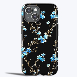 Blooming FORGET ME NOT Tough Phone Case, Elegant Floral Design with Gold Accents iPhone Case 16,15,14,13,12,11|Pro Plus