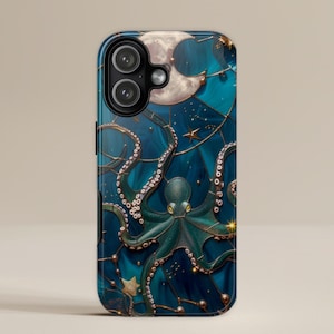 May include: A phone case featuring a teal octopus design with a crescent moon and stars on a dark blue background. The octopus has detailed tentacles and is surrounded by gold accents. The case has a black border and a camera cutout.
