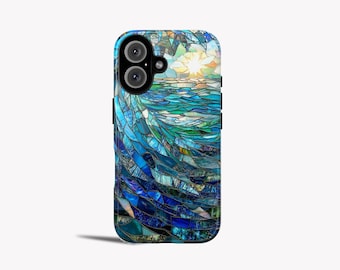 Stained Glass Ocean Wave Phone Case: Blue Sea Mosaic Art
