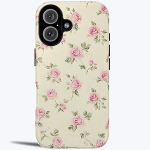 ヴィンテージ シャビー シック コケット クリーム色の背景に繊細なバラ タフケース、バラ柄、iPhone 16 Pro Max、Galaxy s25、Pixel 9 Pro xl