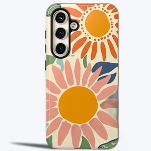 May include: A phone case with a floral design featuring pink, orange and yellow flowers on a cream background.