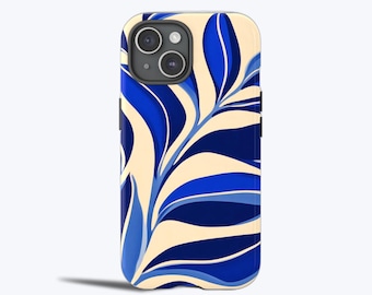 Navy Blue Leaves Phone Case, Vintage Botanical Damask Pattern