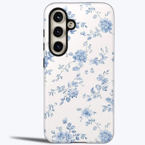 VINTAGE BLUE ROSES Pastel Aesthetic Tough Phone Case, Porcelain Floral Pattern, Porcelain Floral, Protect Samsung Galaxy Case s24,s23,s22