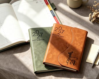 Personalized 2027 Daily Planner – 365-Day English Schedule Organizer, PU Leather Journal Notebook, Engravable Yearly Diary Gift