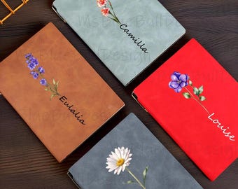 Birth Flower Personalized Journal,Birthday Gift Notebook,Minimalist Birth Month Flower Gift,Custom Name Diary for Women,Travel Journal