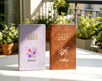 Personalized 2027 A6 Daily Diary – 365-Day PU Leather Planner with Custom Heat Transfer Name, Compact Notebook for Work School Travel