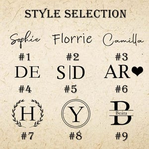 May include: Nine different monogram styles for a personalised gift. The styles are numbered 1 through 9. The styles include initials, a heart, a wreath, and a line.