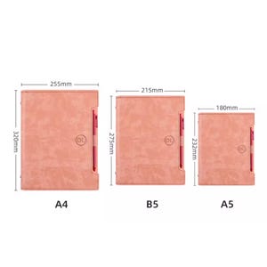 May include: Three pink leather-bound notebooks in different sizes: A4 (255mm x 320mm), B5 (215mm x 275mm), and A5 (180mm x 232mm). Each notebook has a small circle with the letters "DL" in the centre.