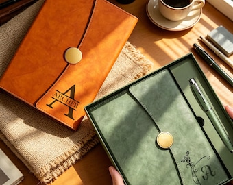 Custom Engravable Luxury Notebook Gift Set – Thick PU Leather Journal, High-End Personalized,