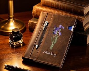 Personalized A5 Leather Notebook Cover, Custom Printed Crazy Horse Leather Journal Cover, Handmade Writing Pad Sleeve with Pen Holder