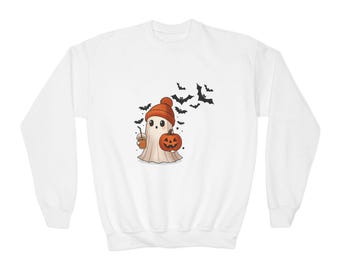 Cozy Ghost with Pumpkin Youth Sweatshirt | Halloween Bats, Orange Beanie