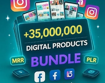 Op de afbeelding: Afbeelding met een digitale productbundel, met de tekst "+35.000.000 DIGITAL PRODUCTS BUNDLE". Bevat social media-iconen en de tekst "Passive Income Empire. Master Resell Rights. Instant Download."