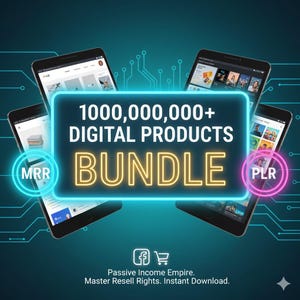 Può includere: Grafica di un pacchetto di prodotti digitali con quattro tablet che circondano un rettangolo luminoso. Il rettangolo recita "1000,000,000+ DIGITAL PRODUCTS BUNDLE". L'immagine include anche il testo "Passive Income Empire. Master Resell Rights. Instant Download."