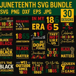 Peut inclure: Un pack Juneteenth SVG avec 30 modèles en formats SVG, PNG, DXF, EPS et JPG. Les modèles présentent du texte en noir, rouge et jaune, avec des phrases telles que "Black History", "1865" et "Black Lives Matter".