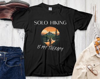 Solo Hiking Therapy T-Shirt, Outdoor Adventure Graphic Tee, Mountain Landscape Shirt, Nature Lover Gift, Unisex Trekking Top