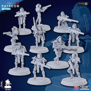 Könnte beinhalten: Zehn graue Plastik-Miniaturfiguren von Robotern mit Waffen, die auf runden Sockeln stehen. Die Figuren sind 32 mm hoch und kompatibel mit dem Spiel "Tribes".