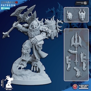 Könnte beinhalten: Eine 3D-gedruckte Miniatur eines Chaos Space Marines mit einer großen Axt und einem Speer. Die Miniatur ist grau und sehr detailliert. Die Miniatur ist kompatibel mit dem One Page Rules System. Die Miniatur ist supports ready.
