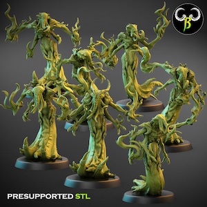 Könnte beinhalten: Eine Sammlung grüner, stilisierter Monsterfiguren mit tentakelartigen Armen und fließenden Roben. Die Figuren sind in verschiedenen Posen dargestellt, einige stehen und andere haben die Arme ausgestreckt. Der Text "PRESUPPORTED STL" befindet sich unten.