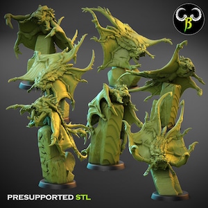 Könnte beinhalten: Eine Sammlung grüner Monsterfiguren, jede auf einem Holzpfeiler platziert. Die Kreaturen haben große, flügelartige Anhänge und detaillierte Gesichtsmerkmale. Der Text "PRESUPPORTED STL" befindet sich unten.
