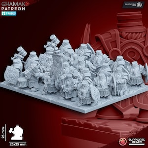 Könnte beinhalten: Ein 3D-gedrucktes Miniaturset mit 15 Zwergenkriegern, die jeweils einen Hammer und einen Schild halten. Die Miniaturen sind in Kampfformation aufgestellt und bereit zum Kampf. Die Miniaturen sind in hellgrau gedruckt und kompatibel mit 25 mm Sockeln.