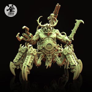 Könnte beinhalten: Eine detaillierte, hellgrüne Miniaturfigur eines monströsen Wesens mit mehreren Gliedmaßen, Hörnern und einer Waffe. Die Figur hat ein mechanisches Aussehen mit komplizierten Details, darunter eine große Kanone und eine Klingenwaffe. Die Figur ist vor einem dunklen Hintergrund.