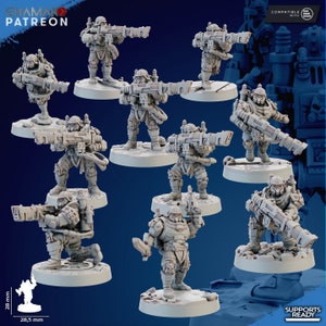 Könnte beinhalten: Ein Set mit neun 28,5 mm großen Miniaturfiguren, die in grau grundiert sind und futuristische Waffen halten. Die Figuren stehen auf runden Sockeln. Die Figuren sind kompatibel mit One Page Rules.