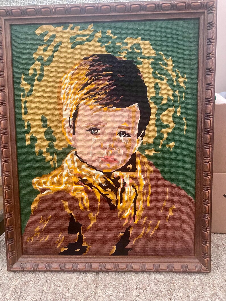 Crying Boy Frame Vintage “crying Boy” Needlepoint With Hand Carved Wood Frame - Etsy