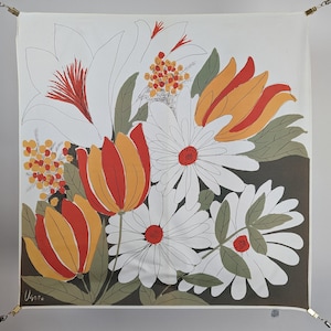 Vintage Scarf by Vera Neumann, Acetate, Made in Japan, Floral, Green, White, Floral, 21 x 21 Inch Square