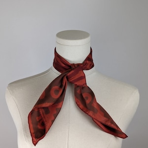 Vintage Scarf by Vera Neumann, Silk, Made in Japan, Handrolled, Tribal, Portal, Rust Red, Brown, 22.5 x 22.5 Inch Square