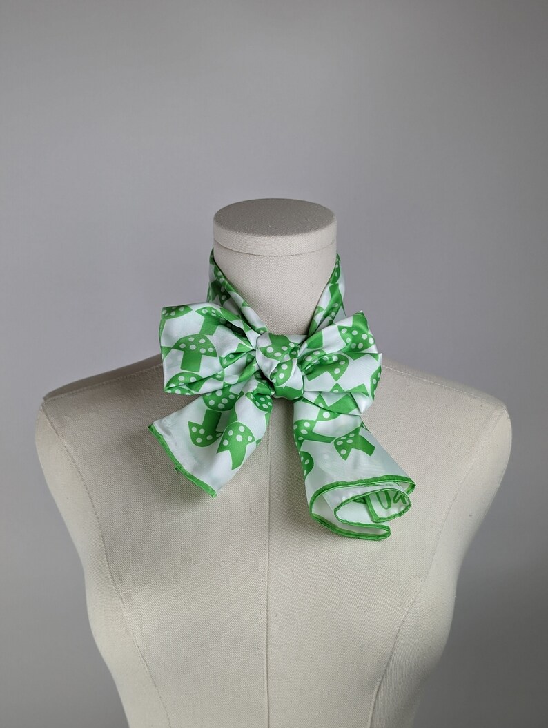 Vintage Scarf by Vera Neumann, Polyester, Made in Japan, Toadstool, Mushrooms, Mushies, Mush Love, Green, 14 x 43.5 inches image 6