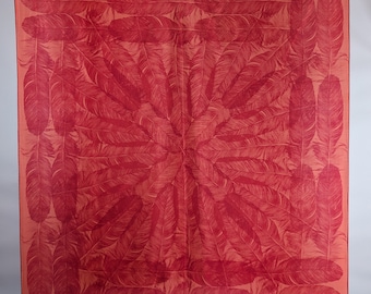 Vintage Scarf by Vera Neumann, 100 Percent Silk, Hand Rolled, Made in Japan, Water-Repellent, Feathers, Red, 30 x 31 Inch