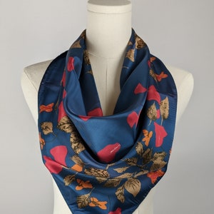 Vintage Scarf by Vera Neumann, Acetate, Made in Japan, Floral, Leaves, Blue, 26 x 26 Inch Square