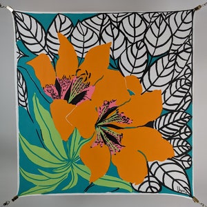 Vintage Scarf by Vera Neumann, Polyester, Made in Japan, Lillies, Orange, Green, Black and White, 20.5 x 21.5 Inches