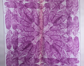 Collectible Vintage Vera Scarf, 100 Percent Silk, Hand Rolled, Made in Japan, Water-Repellent, Feathers, Purple, 30 x 31 Inch